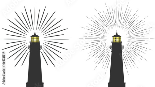 Illustrated lighthouse with bursting light rays suitable for design projects