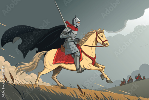 Medieval warrior on horseback in battle.