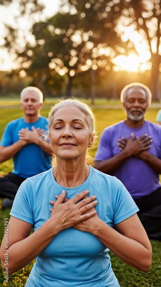 Harmonious senior group meditation in natural park setting at sunset offers tranquility and Harmonious senior group meditation in natural park setting at sunset offers tranquility and