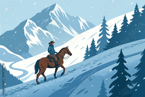Snowy mountain trail with a lone horseback rider.