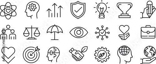 Business success icons, leadership teamwork, creative innovation, strategy growth, protection security, idea solution, achievement trophy, creative design, sustainability future, global responsibility