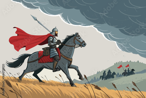 Horseback rider on a medieval battlefield.