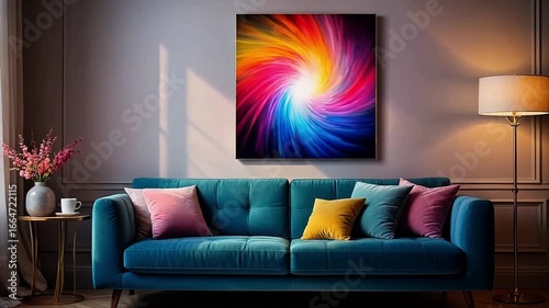 Stylish living room with colorful abstract art and cozy teal sofa in modern interior design
