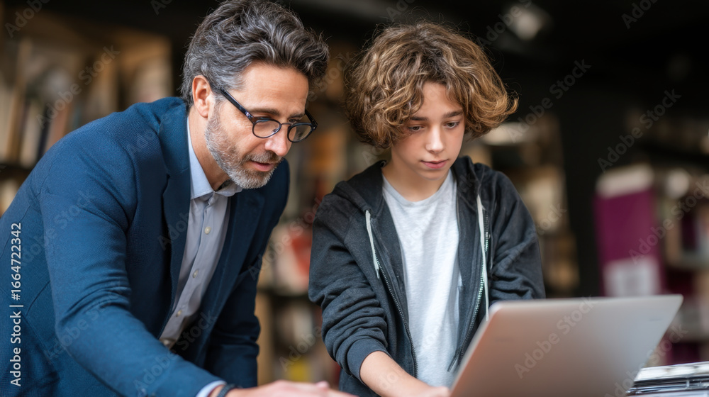 Fototapeta premium Man and boy are engaged in collaborative activity, focused on laptop in modern workspace. atmosphere is one of learning and mentorship, highlighting bond between them