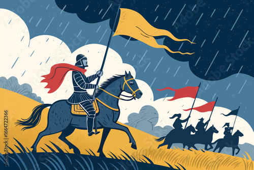 Horseback rider leading cavalry charge with banner.