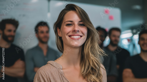 Wallpaper Mural Confident woman smiles warmly in professional setting, surrounded by group of colleagues. atmosphere is collaborative and positive, reflecting teamwork and camaraderie Torontodigital.ca