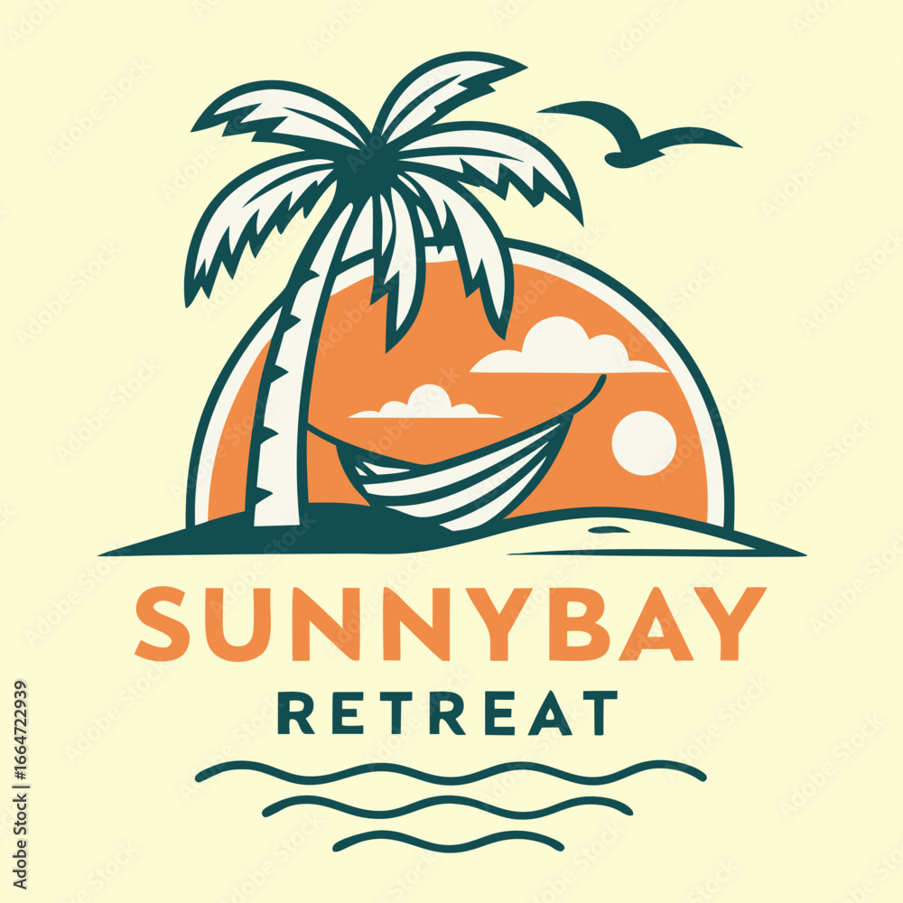 Naklejka premium Sunnybay retreat logo with palm tree, hammock and sunset illustration