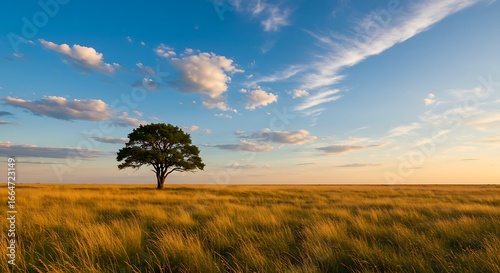 Serene nature shot of a single tree silhouetted against a breathtakingly vibrant sunset sky