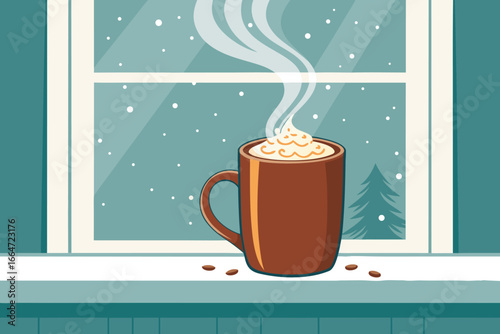 Cozy mug of hot chocolate steaming on a snowy, windy day.