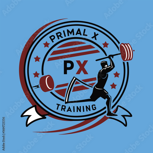 Primal x training logo design with athlete lifting barbell in retro style