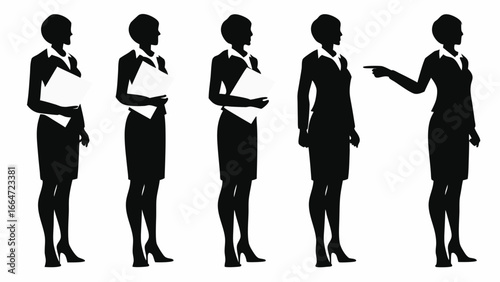 Silhouettes of five businesswomen in suits holding documents and one pointing to the right side view