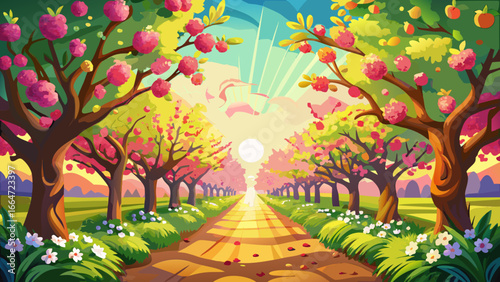 Vibrant springtime orchard glows warmly with lush apple blossoms, branches heavy with color, radiant sunlight weaving between petals, fragrant air carries peace, timeless beauty inspires serenity, har