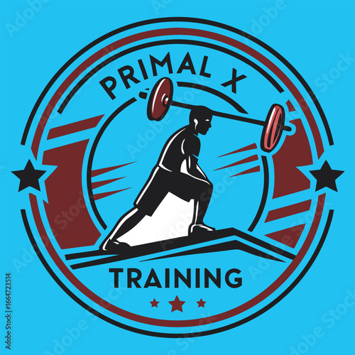 Primal x training logo design with athlete lifting barbell in vintage style