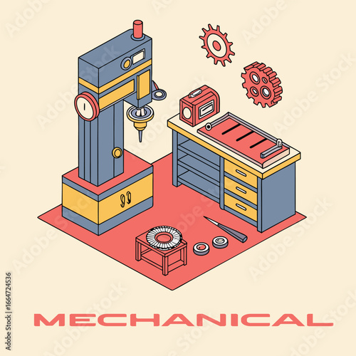 Isometric illustration of mechanical engineering equipment and tools
