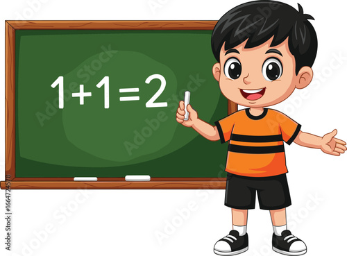 Cartoon boy learning math, holding chalk, solving equation 1+1=2 on green chalkboard, educational illustration for kids classroom.