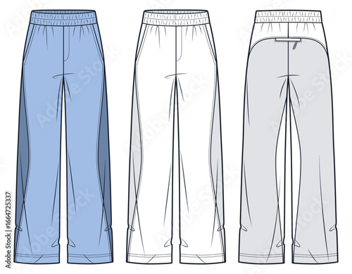 Wide Leg Track Pants Fashion Flat Sketch. Jogger Pants fashion flat technical drawing template, front and back view, white, two tine blue, elastic waistband, pockets, women, men, unisex CAD mockup.