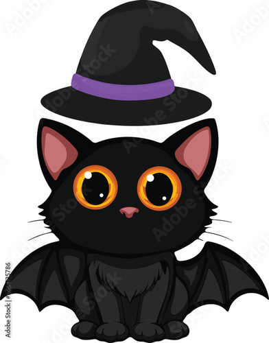 Cute Halloween Black Cat with Witch Hat and Bat Wings
