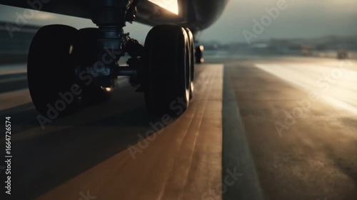 Airplane towing vehicle on a runway at dawn