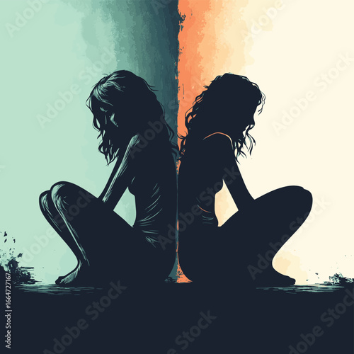 Silhouette of a depressed person sitting on the floor and happy one, vector style simple color