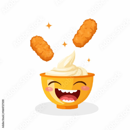 Happy bowl of sauce with crispy chicken nuggets  flying above it  