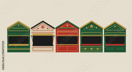 Colorful holiday market stalls in festive design on light background  