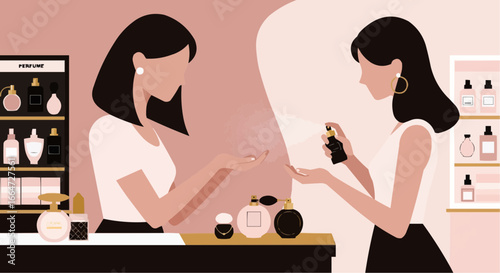Women testing perfume in beauty store with modern minimalist design  