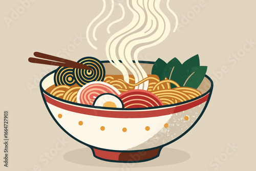 Steaming Japanese ramen bowl, bold flat illustration.