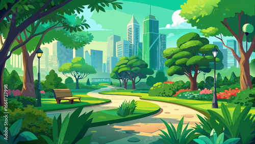 A vibrant green botanical haven thrives in urban park, lush trees shading pathways, sunlight filtered softly, timeless nature coexists with city, radiating calm, harmony between life and structure ins