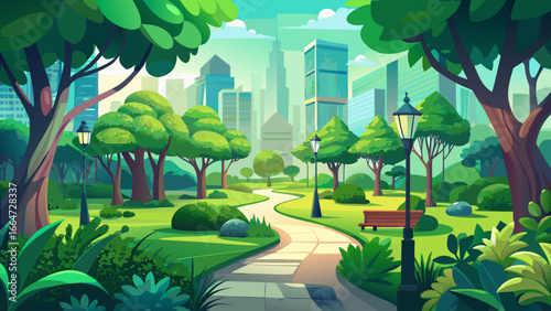 A vibrant green botanical haven thrives in urban park, lush trees shading pathways, sunlight filtered softly, timeless nature coexists with city, radiating calm, harmony between life and structure ins