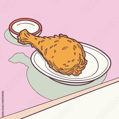 Hand drawn fried chicken leg with dipping sauce on a plate on table