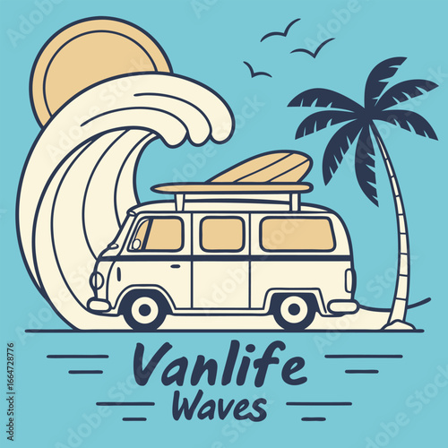 Vanlife with waves, a surfboard, and a palm tree on a tropical island