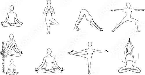 Collection of yoga poses in black and white line art showing various positions and body postures for wellness