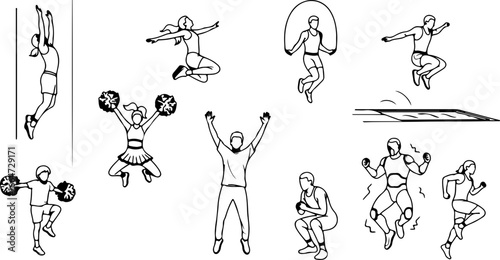 Illustration depicting various jumping exercises and activities in black and white outline style art