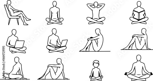 Illustration showing various stylized figures in seated positions engaged in different activities and poses