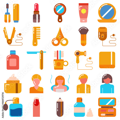 Beauty icon collection isolated on white. Containing powder box, hand mirror, scissor, spa. Flat icon style.