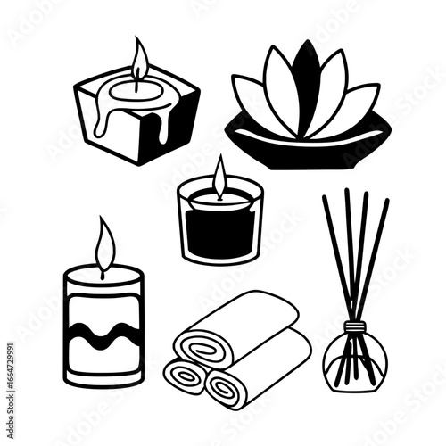 Minimilist illustration of spa elements including candles towels lotus flower and aroma diffuser in black and white style vector