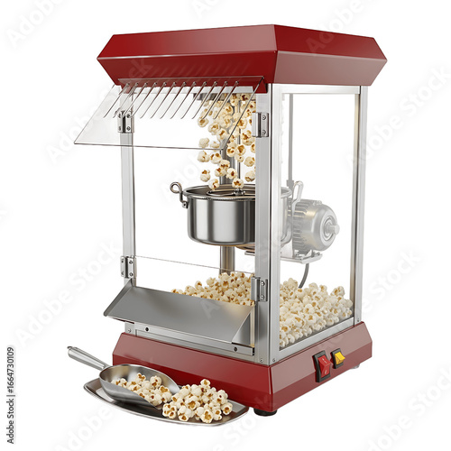 Classic Red Popcorn Machine Actively Popping and Dispensing Fresh Popcorn with Scoop and Tray