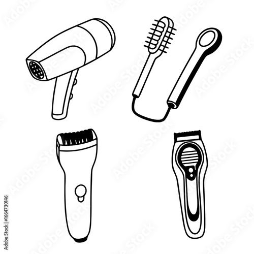 Minimilist illustration of a hair dryer, curling iron, electric shaver, and a hair trimmer on a white background vector