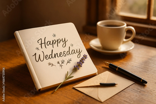 Open notebook cozy morning scene on wooden table showing “Happy Wednesday” for cheerful journaling.
