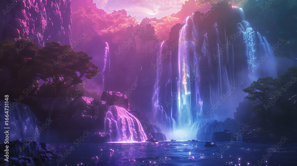 Fototapeta premium Magical Fantasy Waterfall with Rainbow – Surreal Nature Landscape Background