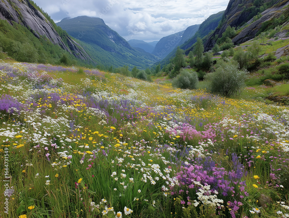 Obraz premium Wildflower meadow on hillside in Norway’s summer