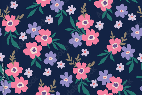 Seamless floral pattern, liberty ditsy print of pretty simple bouquets on a dark field. Cute botanical textile design of small hand drawn daisy flowers, tiny leaves in an abstract. Vector illustration