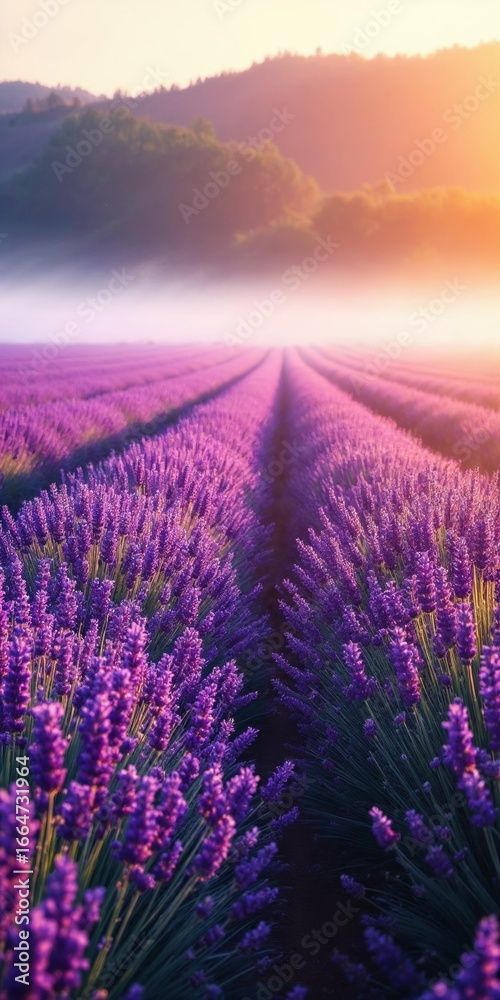 Obraz premium Lavender Field at Dawn with Morning Mist and Dew-Covered Blossoms