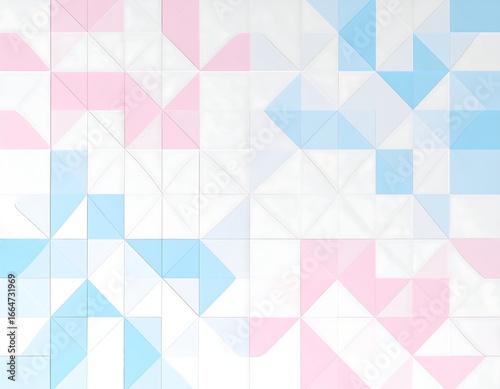 Abstract geometric pattern with pastel pink and blue triangles on a white background
