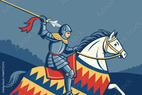 Knight in armor on horseback with a lance.