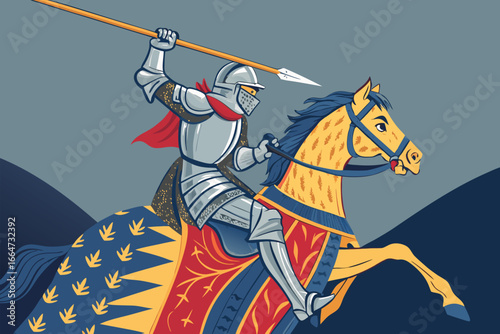 A knight in shining armor on horseback with a lance.