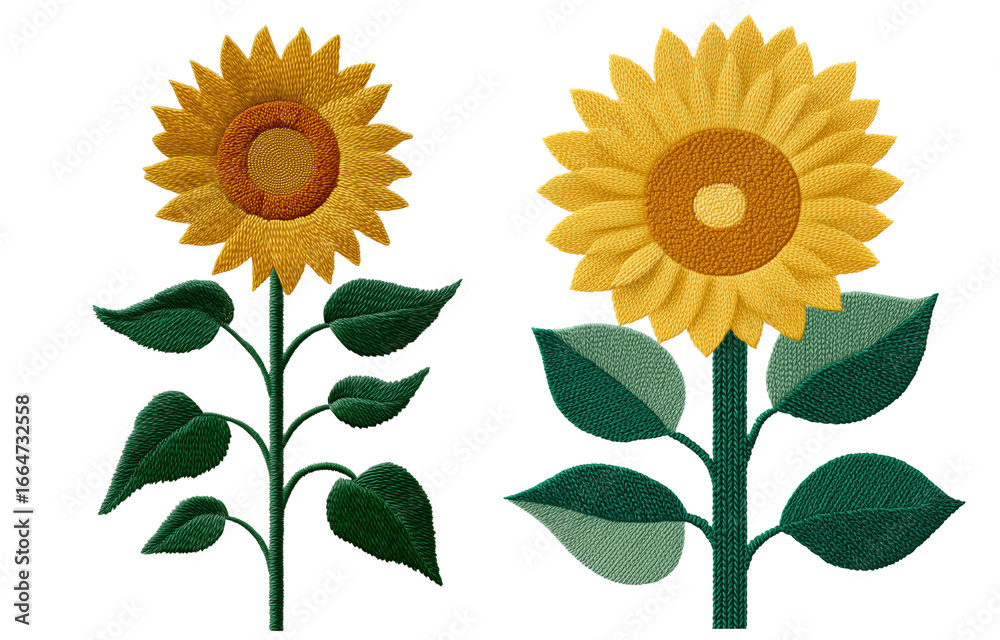 Fototapeta premium Sunflower embroidery design featuring two vibrant sunflowers with detailed petals and leaves. bright yellow flowers stand out against contrasting background, showcasing intricate stitching