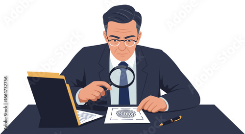 Detective analyzing fingerprint evidence under a magnifying glass, ideal for crime investigation articles, forensic science education, and law enforcement training materials 