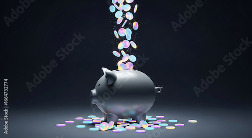 Fototapeta Naklejka Na Ścianę i Meble -  Piggy bank with colorful coins falling into it, symbolizing savings