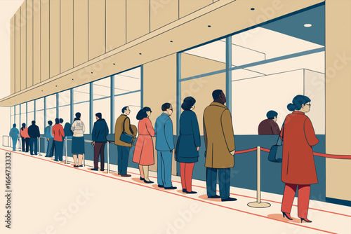 Long line of customers waiting inside modern bank.